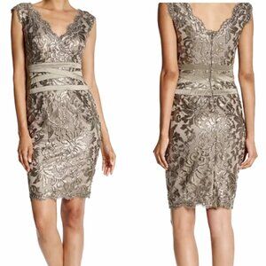 Tadashi Shoji Metallic Lace Sequin Gold Taupe Sheath Dress Sleeveless V-Neck
